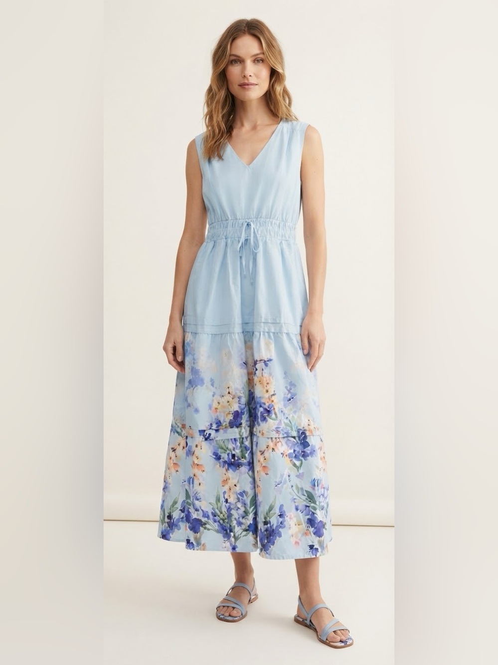 Rachel Zoe Pale Blue Floral Tiered V-Neck Maxi Dress